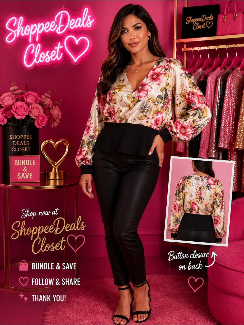 Gracia Floral Satin V-Neck Peplum Blouse Balloon Sleeve Top Size M